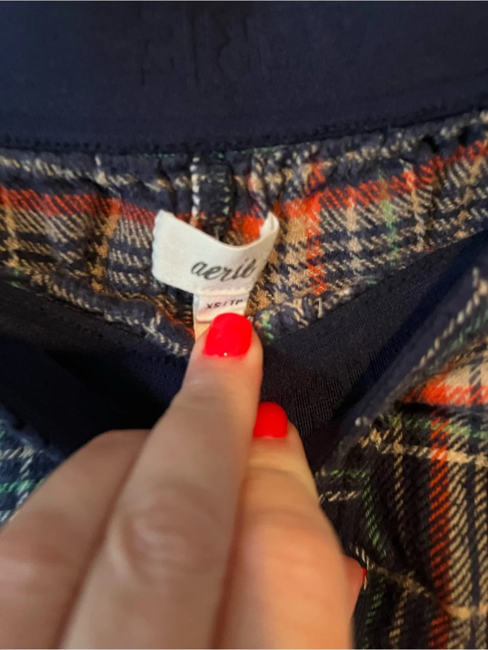 Aerie Navy Blue Plaid Flannel Ruffle Hem Pajama Set Women Sz XS